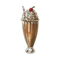 een hand getekend gekleurde schetsen van glas van chocola milkshake. vintage, tekening illustratie. element voor de ontwerp van etiketten, verpakking en ansichtkaarten. vector