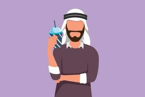 karakter vlak tekening portret van knap Mens Holding glas van oranje sap met een hand- gevouwen. Arabisch mannetje voelt dorstig en proberen naar verfrissend in zomer seizoen. tekenfilm ontwerp vector illustratie