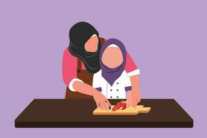 grafisch vlak ontwerp tekening Arabisch moeder onderwijs haar dochter naar besnoeiing groenten en fruit. gezond voedsel. gelukkig familie, mam en kind Koken samen in keuken. tekenfilm stijl vector illustratie