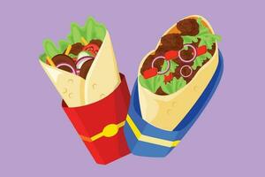 grafisch vlak ontwerp tekening twee vers heerlijk shoarma online restaurant logo embleem. heerlijk Arabisch rollen met vlees, salade, tomaat. kebab met kip en ui. tekenfilm stijl vector illustratie