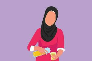 grafisch vlak ontwerp tekening schattig Arabisch vrouw gieten oranje sap in glas van fles terwijl hebben ontbijt Bij huis. gezond vrouw voelen dorstig in zomer seizoen. tekenfilm stijl vector illustratie