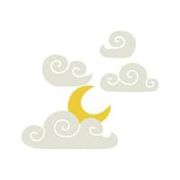 wolken en maan in vlak modieus stijl. bewolkt nacht, vector illustratie. concept pictogrammen voor weer voorwaarden