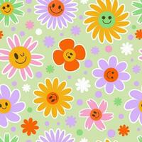 groovy bloem naadloos patroon. y2k bloemen glimlach achtergrond. tekenfilm retro madeliefje afdrukken met grappig gezichten. vector modieus esthetisch illustratie.