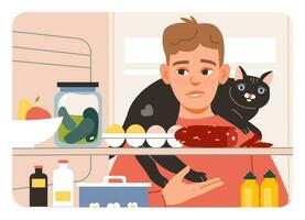 een hongerig Mens met een kat cheques de koelkast met voedsel. huisdier baasje. vlak vector illustratie.