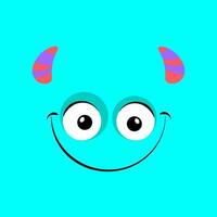 schattig blauw monster gezicht met hoorns en glimlach vector