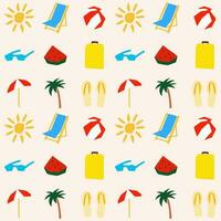 naadloos patroon met zomer symbool illustratie in snijdend stijl zon palm koffer watermeloen vector