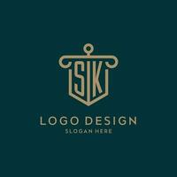 sk monogram eerste logo ontwerp met schild en pijler vorm stijl vector