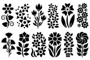 vlak bloem ontwerpen. bloemen tekeningen set. verzameling van natuurlijk ontwerp elementen. zwart vlak monochroom verzameling. vector