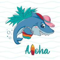 tekenfilm grappig haai met een strand zak en een hoed tussen de golven. ansichtkaart met de opschrift aloha. vector
