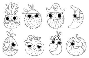 zwart en wit vector grappig kawaii fruit pictogrammen set. lijn piraat fruit kleur bladzijde. grappig planten met ogen, oog lapje, mond. gezond zomer voedsel verzameling met banaan, appel, ananas