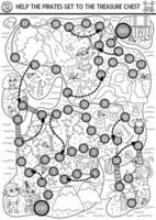 piraat zwart en wit Dobbelsteen bord spel voor kinderen met schattig kinderen piraten jacht- schat. schat eiland jacht bordspel met vulkaan, waterval, dieren. zee avonturen afdrukbare kleur bladzijde vector