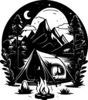 camping - zwart en wit geïsoleerd icoon - vector illustratie