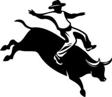 cowboy Mens rijden een stier Bij een rodeo stier rijden zwart en wit silhouet vector