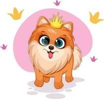 tekenfilm en grappig hond, weinig prinses, pommeren spits met kroon vector