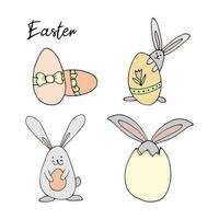 schattig tekening konijn met eieren voor Pasen ontwerp. vector