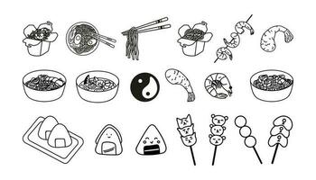 Aziatisch voedsel, hand- getrokken tekening onigiri, garnaal, dango, pho bo soep, stootkussen Thais, Tom jammie, udon noedels vector