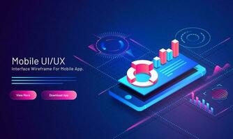 mobiel ui ux concept gebaseerd isometrische landen bladzijde ontwerp met financieel info grafisch app in slim telefoon Aan blauw digitaal achtergrond. vector