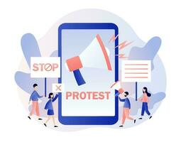 online protest en sociaal werkzaamheid concept. klein mensen demonstranten, Holding spandoeken, plakkaten en megafoons. optocht, politiek vergadering of rally. modern vlak tekenfilm stijl. vector illustratie