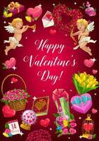 valentijnsdag dag liefde harten, bloemen, cupido's, cadeaus vector