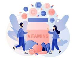 vitamines complex. klein mensen en pot multi vitamine supplement, vitamine a, groep b b1, b2, b6, b12, c, d, e, k. gezond levensstijl. modern vlak tekenfilm stijl. vector illustratie Aan wit achtergrond