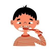 jongen poetsen tanden. vector hand- getrokken illustratie.