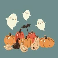 halloween pompoenen en schattig weinig geesten. schattig vector hand- darwn illustratie.