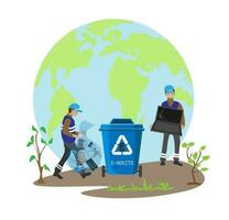 mensen soort vuilnis door type in containers voor recyclen. ecologie concept. vlak vector illustratie. zorg vuilnis scheiding mensen sorteren afval, eco containers, scheiden verspilling voor nemen zorg .