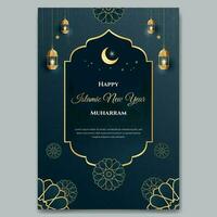 gelukkig Islamitisch nieuw jaar Muharram poster met lantaarn en Islamitisch ornament illustratie vector