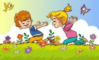 schattig kinderen hebben pret rennen Aan de gras tekenfilm vector