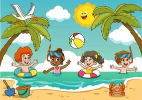 kinderen zonnebaden zwemmen in de zee Bij zomer kinderen s kamp Aan zee strand kusten vector