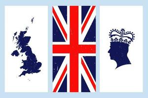 Londen, mei 6e, 2023 - deze vector illustratie beeldt af de kroning van koning Charles iii, met een silhouet van koning Charles iii vervelend een kroon, net zo goed net zo een kaart en de vlag van Super goed Brittannië.