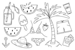 reeks van zomer elementen in tekening stijl. vector illustratie. lineair verzameling met badmode, zwemmen koffers, paspoort, room, palm. vakantie items verzameling.