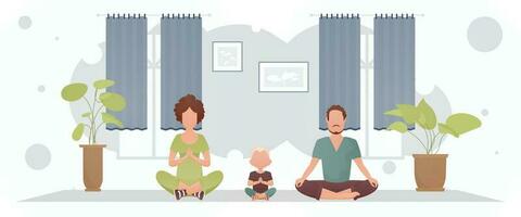 een sterk bouwen vent met een mooi meisje en een schattig weinig jongen zijn aan het doen yoga in de kamer. meditatie. tekenfilm stijl. vector