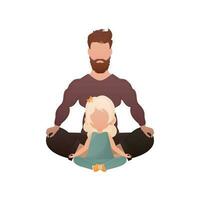 een Mens met een aanbiddelijk baby meisje zijn zittend en aan het doen yoga. geïsoleerd. tekenfilm stijl. vector