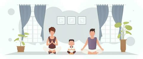 sterk bouwen vent met een mooi meisje en een schattig weinig jongen zijn mediteren in de kamer. yoga. tekenfilm stijl. vector