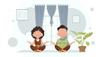 een weinig jongen en een schattig meisje zijn aan het doen meditatie in de lotus positie in de kamer. meditatie. tekenfilm stijl. vector