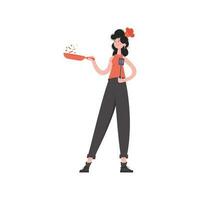 een vrouw staat in vol groei Holding een frituren pan en een spatel. geïsoleerd. element voor presentaties, plaatsen. vector