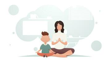 mam en zoon zijn zittend in de kamer mediteren in de lotus positie. yoga. tekenfilm stijl. vector