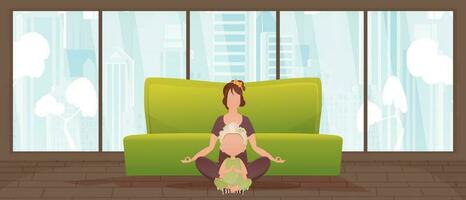 mam en dochter Doen yoga samen in de lotus positie. tekenfilm stijl. vector. vector