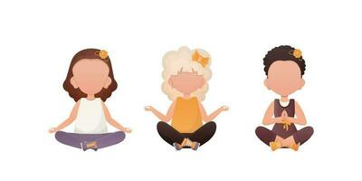 weinig meisjes zijn mediteren. schattig yoga, opmerkzaamheid en ontspanning. tekenfilm stijl. reeks geïsoleerd Aan een wit achtergrond. vector