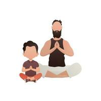 sterk Mens en weinig jongen zijn zittend en aan het doen yoga. geïsoleerd. tekenfilm stijl. vector
