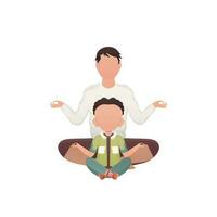 een Mens met een schattig weinig jongen zijn zittend en aan het doen yoga. geïsoleerd. tekenfilm stijl. vector