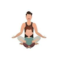 een sterk Mens en een weinig jongen zijn zittend aan het doen yoga in de lotus positie. geïsoleerd. tekenfilm stijl. vector