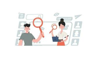 een Mens en een vrouw zijn staand riem en Holding een laptop. zoeken element voor presentaties, websites. vector