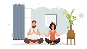 een Mens en een vrouw zijn mediteren in een kamer. yoga. tekenfilm stijl. vector