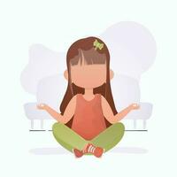 weinig meisje is mediteren. kinderen meditatie. tekenfilm stijl. vector
