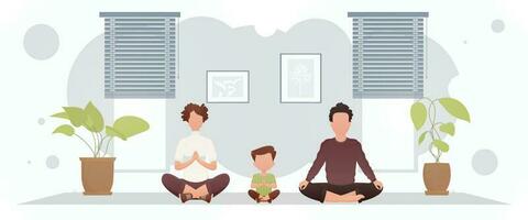 een sterk bouwen vent met een mooi meisje en een schattig weinig jongen zijn aan het doen yoga in de kamer. yoga. tekenfilm stijl. vector