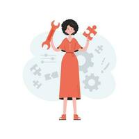 een vrouw staat in vol groei met een puzzel in haar handen. tech steun. element voor presentaties, plaatsen. vector