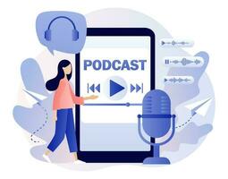 podcast concept. klein vrouw luisteren audio in smartphone app. online opleiding, radio tonen of audio blog. modern vlak tekenfilm stijl. vector illustratie Aan wit achtergrond