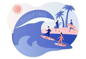 surfing concept. surfen club of winkel. klein mensen surfers in strandkleding met surfplanken in zee of oceaan vangst de Golf. modern vlak tekenfilm stijl. vector illustratie Aan wit achtergrond
